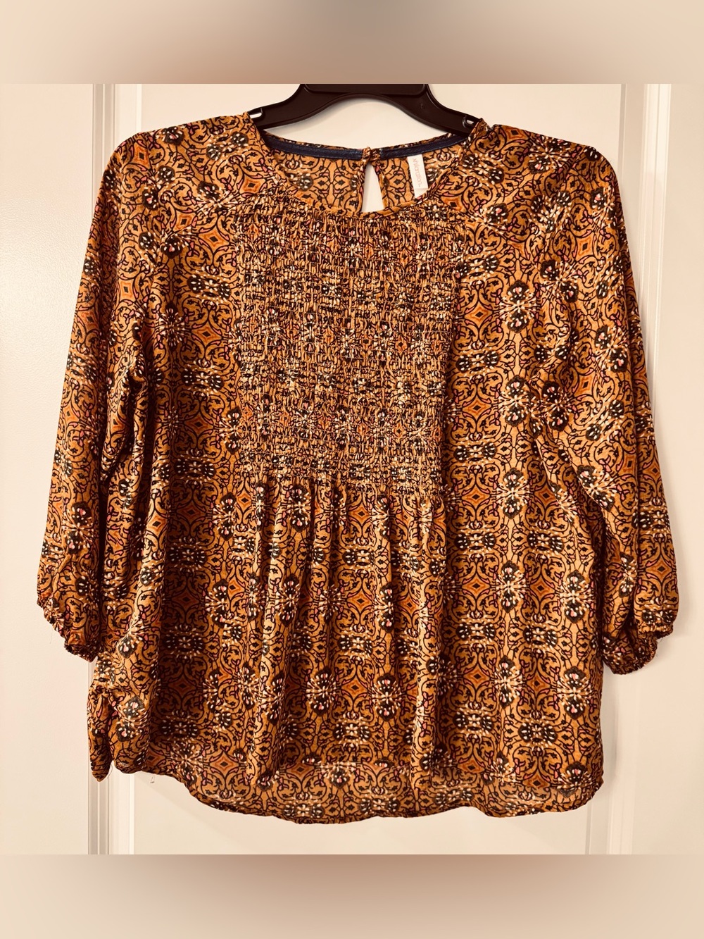 xhilaration Multi-Color Brown & Orange 3/4 Sleeve Smocked Babydoll Blouse